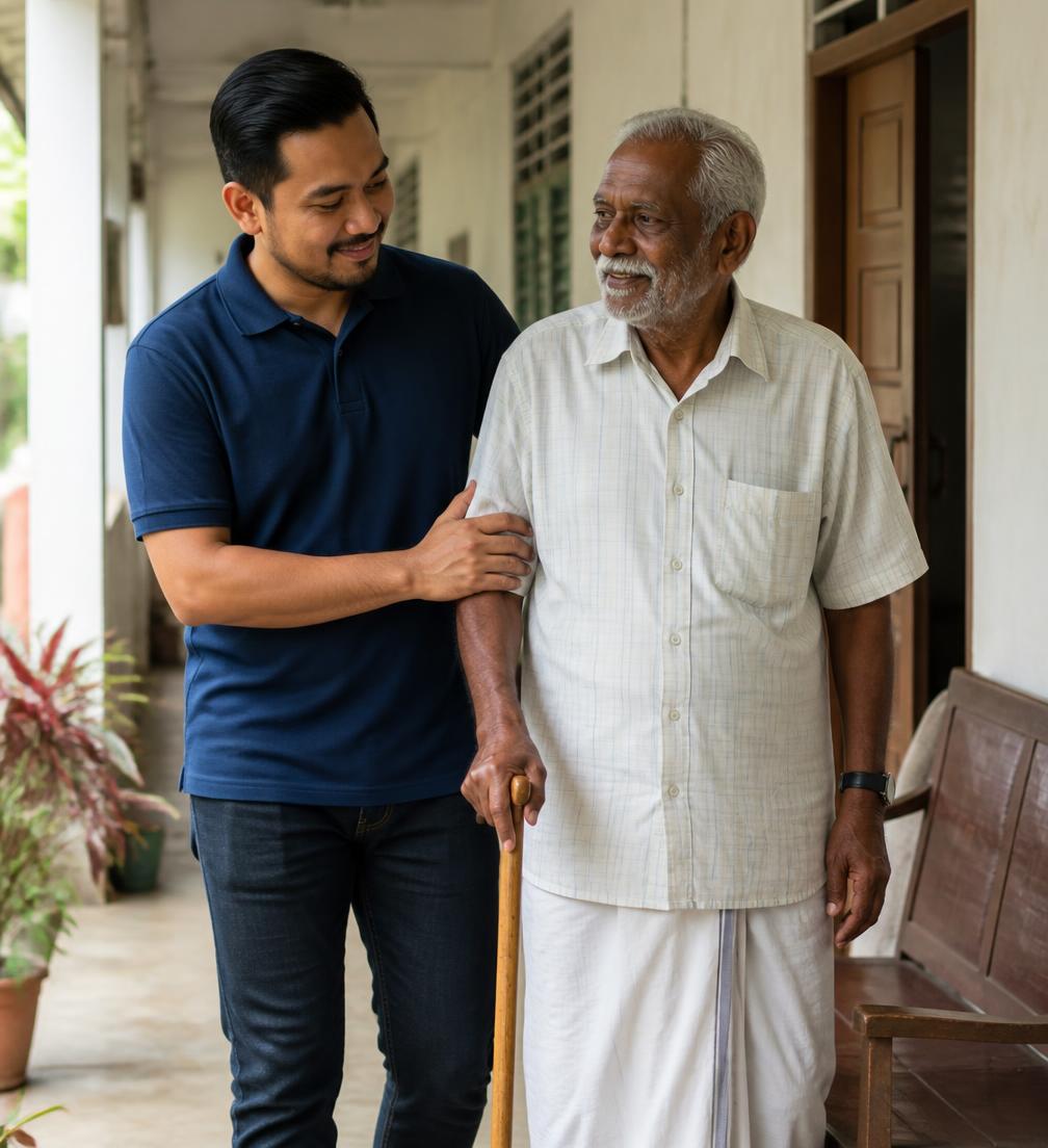A caregiver walking alongside an elderly man in the corridor of his home